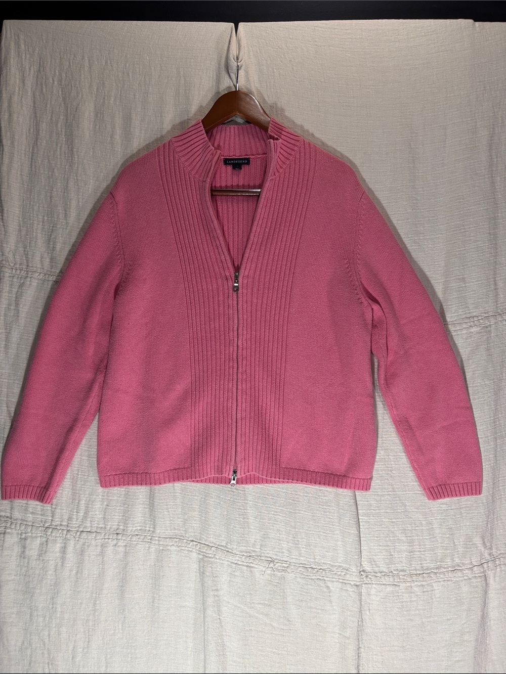 Lands End Pink Full Zip Ribbed Mock Neck Knit Cardigan Sweater Jacket XL Cotton